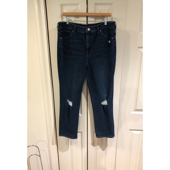 EXPRESS Super High Waisted Slim Straight Ripped Dark Wash Jeans 14 - Picture 5 of 12